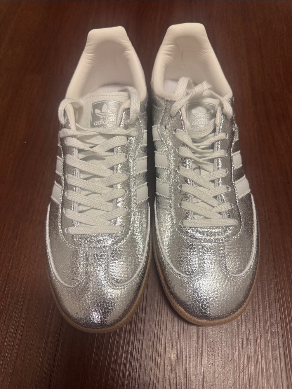 adidas Metallic Silver Low-Top Sneakers with White Stripes